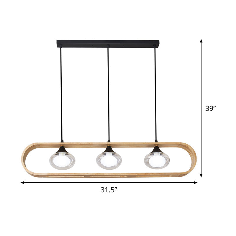 Modern 3-Light Wood Pendant Lamp With Clear Glass Shades In Beige Rectangle Design