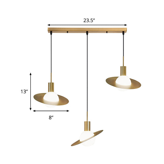 Modernist 3-Head Brass Pendant Light With Milky Glass Cluster - Global Design Panel Ring Detail