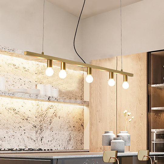 Postmodern Brass 5-Light Linear Chandelier For Dining Table