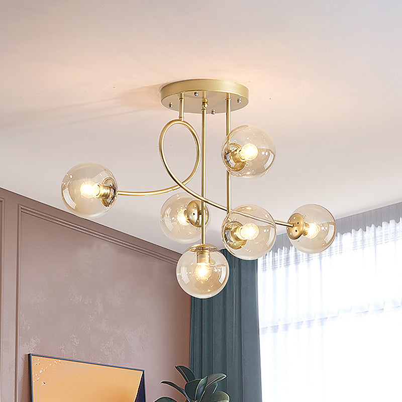 6-Head Modern Brass Chandelier With Clear Glass Shade - Stylish Ceiling Hang Fixture