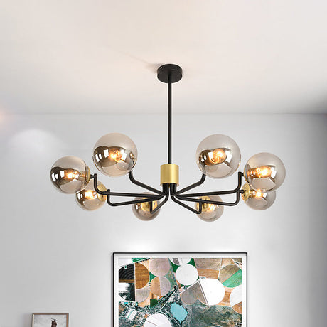 Modern 8-Head Brass And Black Chandelier With Grey Glass Spherical Suspension Radial Design