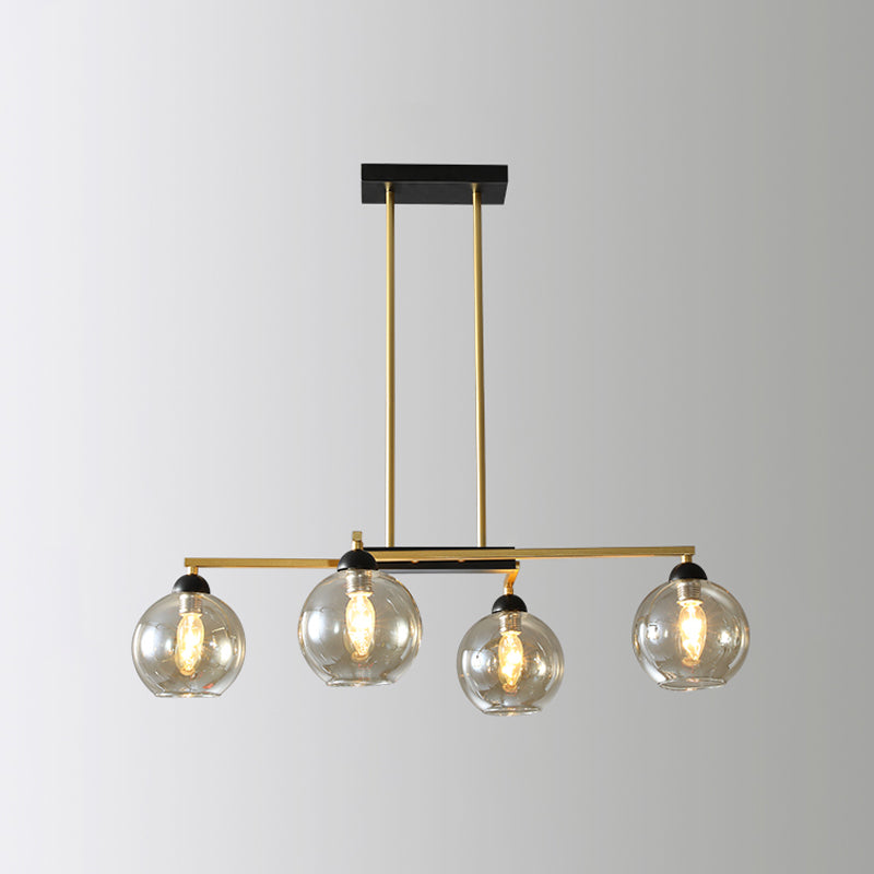 Brass 4-Light Linear Chandelier With Clear Globe Glass Shade For Dining Room Down Lighting