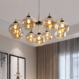 Modern Amber Glass Globe Chandelier With 9 Bulbs - Brass Ceiling Hanging Fixture For Living Room