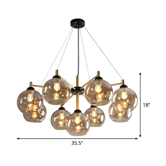 Modern Amber Glass Chandelier - 9 Bulb Ceiling Fixture In Brass For Living Room