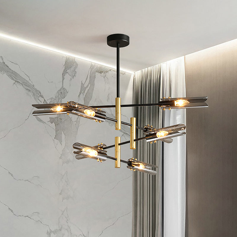 Smoke Gray Glass Tubular Chandelier - Modern 8-Head Ceiling Pendant Lamp With Black & Brass Finish