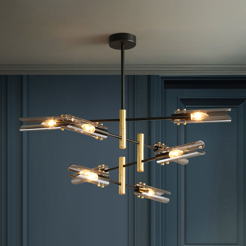 Smoke Gray Glass Tubular Chandelier - Modern 8-Head Ceiling Pendant Lamp With Black & Brass Finish