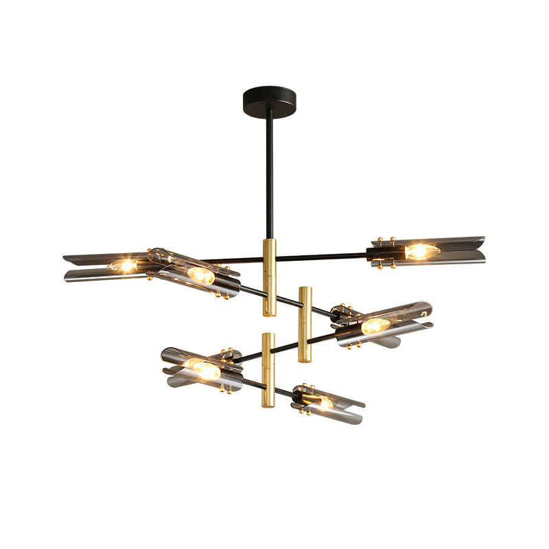 Smoke Gray Glass Tubular Chandelier - Modern 8-Head Ceiling Pendant Lamp With Black & Brass Finish