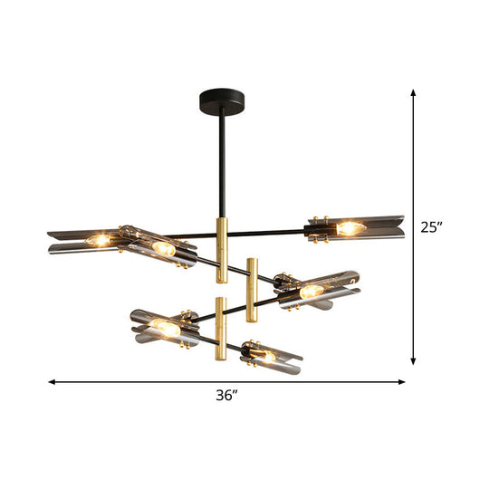Smoke Gray Glass Tubular Chandelier - Modern 8-Head Ceiling Pendant Lamp With Black & Brass Finish
