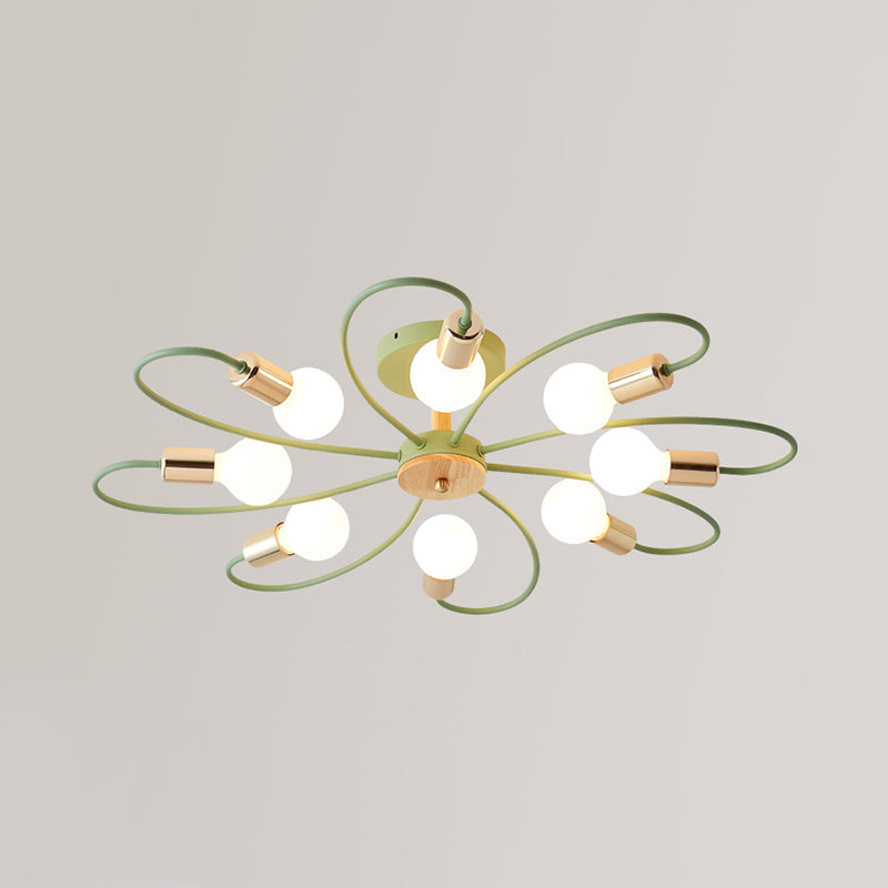 Macaron Flush Mount Ceiling Lamp With Metallic Semi Design - Green Blossom 8 Bulbs