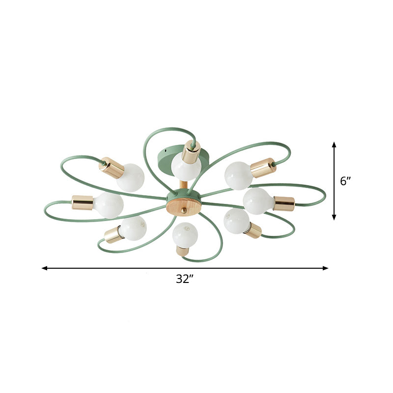 Macaron Flush Mount Ceiling Lamp With Metallic Semi Design - Green Blossom 8 Bulbs