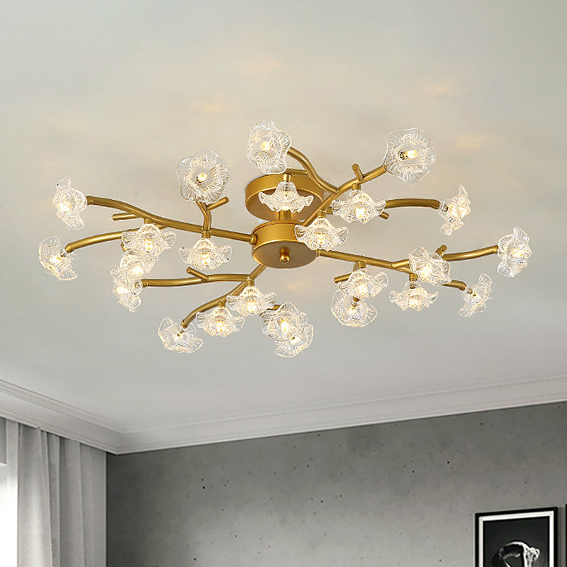 Contemporary Floral Semi Flushmount Ceiling Lamp In Brass - 24 - Light Metallic Flush For Bedroom