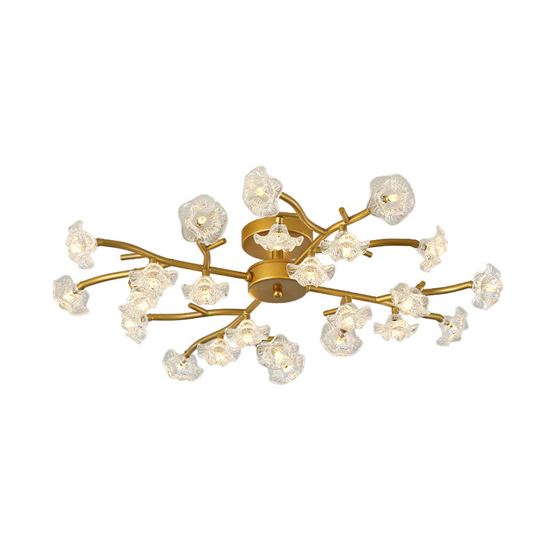 Contemporary Floral Semi Flushmount Ceiling Lamp In Brass - 24 - Light Metallic Flush For Bedroom