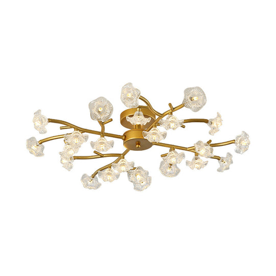 Contemporary Floral Semi Flushmount Ceiling Lamp In Brass - 24 - Light Metallic Flush For Bedroom