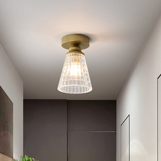 Clear Lattice Glass Cone Flushmount Lighting: Modern Brass Flush Mount Lamp