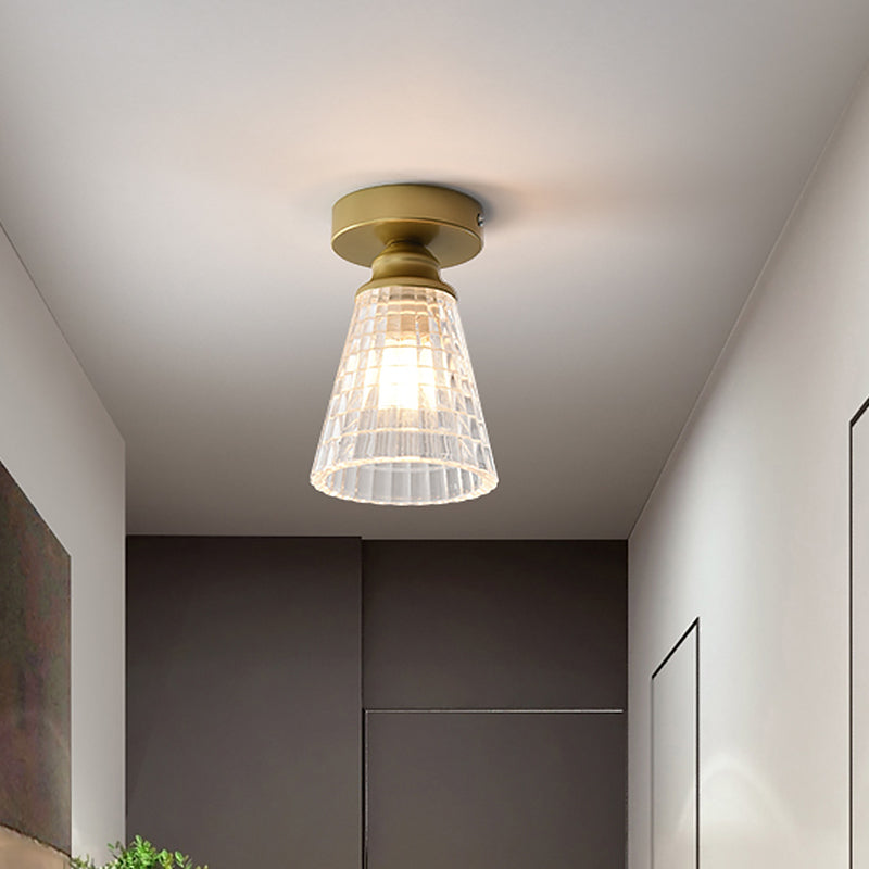 Clear Lattice Glass Cone Flushmount Lighting: Modern Brass Flush Mount Lamp
