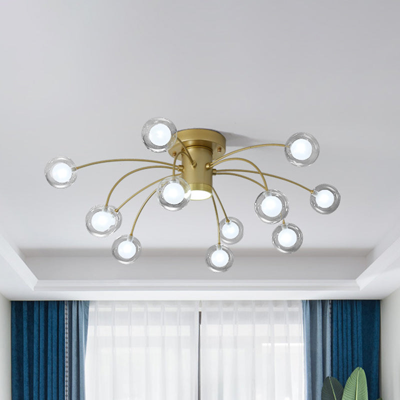 Modern Clear Glass Led Flushmount Ceiling Lamp With Brass Finish - 13 Lights