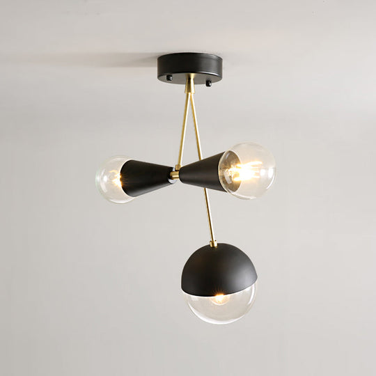 Contemporary Black Ball And Hourglass Semi Flush Mount Ceiling Light With 3 Bulbs – Clear Glass