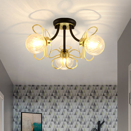 Modern Black Metal Floral Flush Mount With Clear Glass Shade - 3 Lights