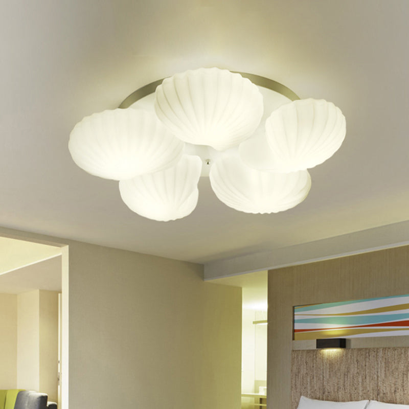 Modern Shell Shape Bedroom Flush Mount Ceiling Light In White Glass Available 3/5/7 Lights