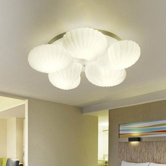 Modern Shell Shape Bedroom Flush Mount Ceiling Light In White Glass Available 3/5/7 Lights