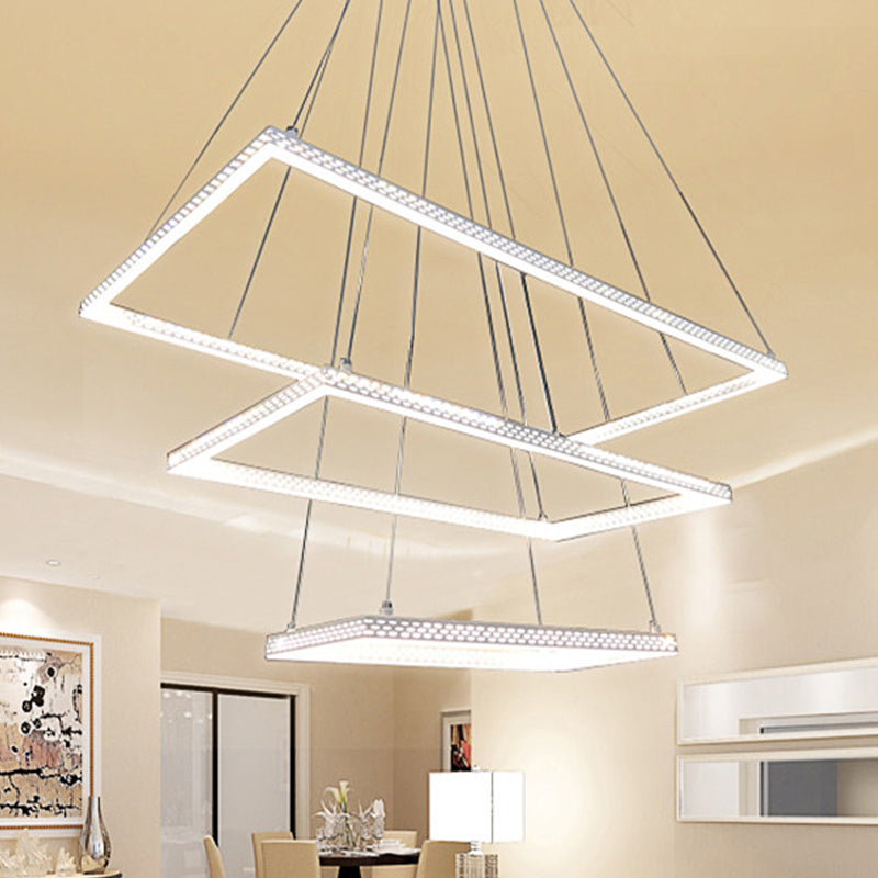 Modern 3-Light White Rectangular Chandelier - Ceiling Pendant Lamp Fixture In Multiple Lighting
