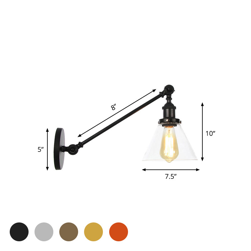 Modern Industrial Conical Sconce Light Clear Glass Lighting Fixture In Black/Bronze/Brass 8/12 L Arm