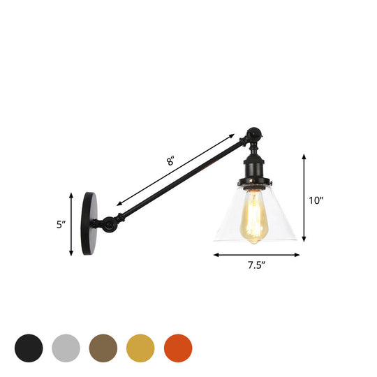 Modern Industrial Conical Sconce Light Clear Glass Lighting Fixture In Black/Bronze/Brass 8/12 L Arm