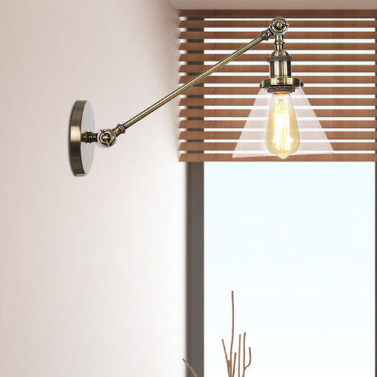 Modern Industrial Conical Sconce Light Clear Glass Lighting Fixture In Black/Bronze/Brass 8/12 L Arm