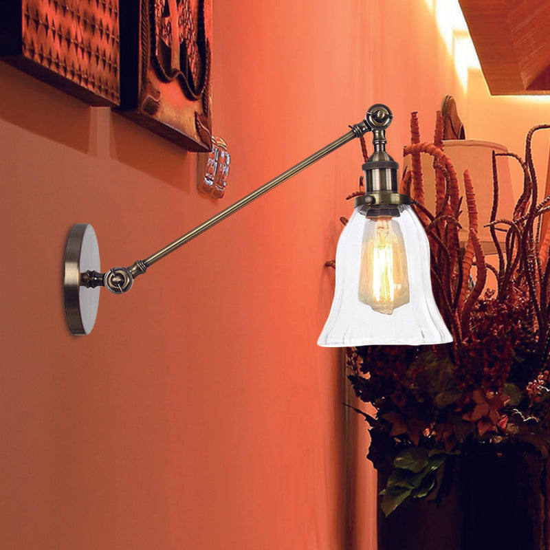 Vintage Clear Glass Bell Sconce With Arm - Black/Bronze/Brass 1-Light Wall Lighting Fixture 8/12