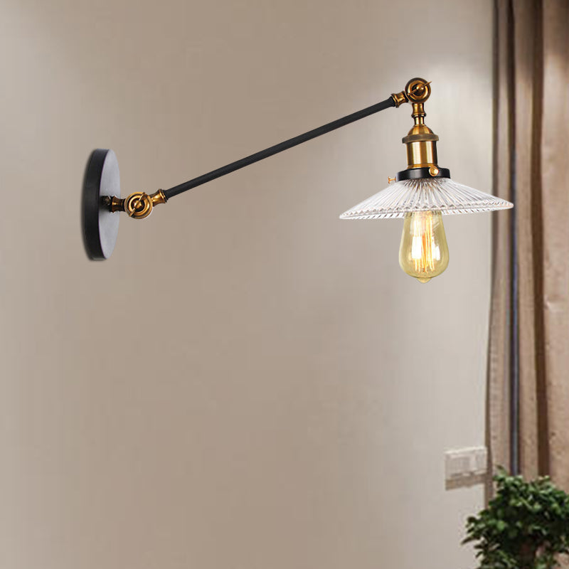 Vintage Clear Glass Ribbed Wall Lamp Saucer - Bronze/Brass/Copper Finish 1 Light Fixture 8/12 L Arm