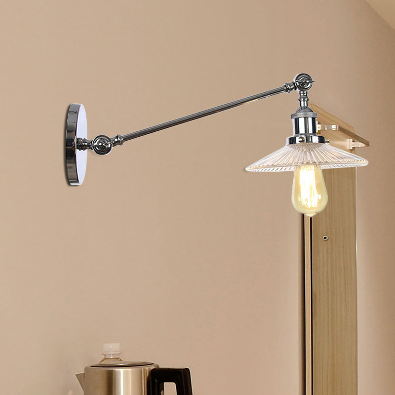 Vintage Clear Glass Ribbed Wall Lamp Saucer - Bronze/Brass/Copper Finish 1 Light Fixture 8/12 L Arm