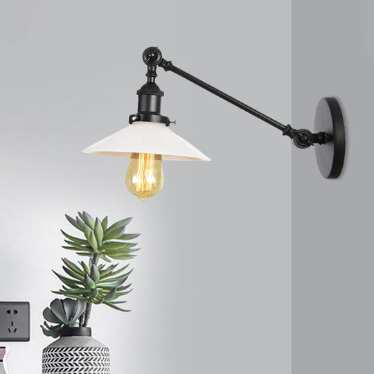 Industrial Conical Sconce Light With Opal Glass - Black/Bronze/Brass Finish Arm Mount 8/12 L