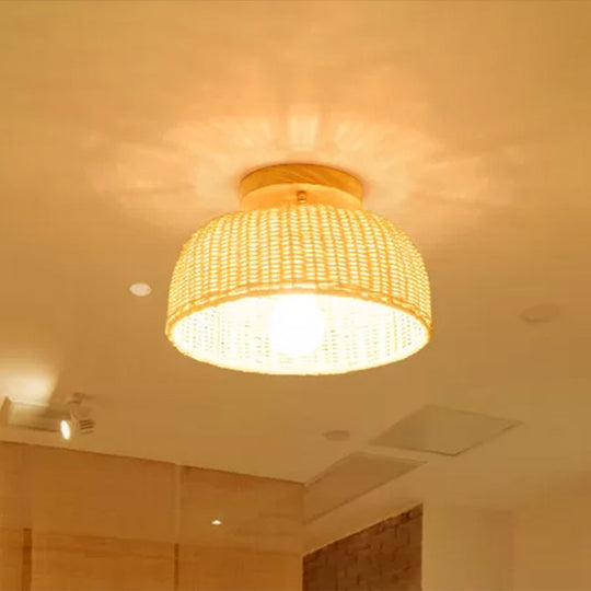 Contemporary Beige Bowl/Cylindrical Bamboo Ceiling Mount Light Fixture - 1 Head Semi-Mount Lighting