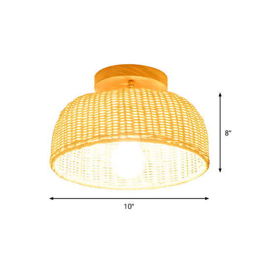Contemporary Beige Bowl/Cylindrical Bamboo Ceiling Mount Light Fixture - 1 Head Semi-Mount Lighting