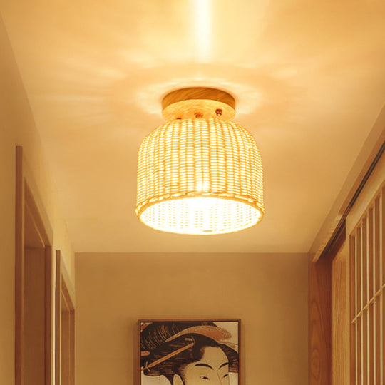 Contemporary Beige Bowl/Cylindrical Bamboo Ceiling Mount Light Fixture - 1 Head Semi-Mount Lighting