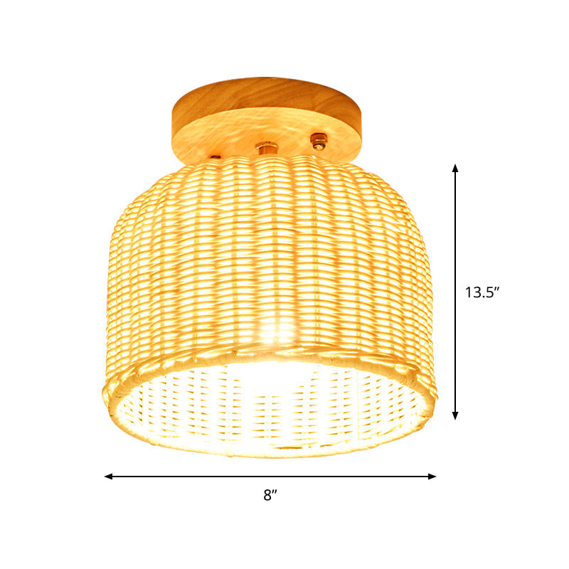 Contemporary Beige Bowl/Cylindrical Bamboo Ceiling Mount Light Fixture - 1 Head Semi-Mount Lighting