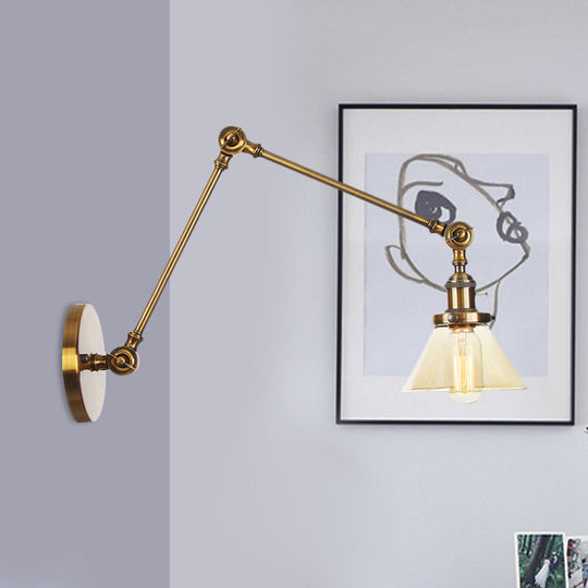 Industrial Conical Clear/Amber Glass Wall Lamp Sconce - Adjustable Arm Black/Bronze/Brass 1 Light 8