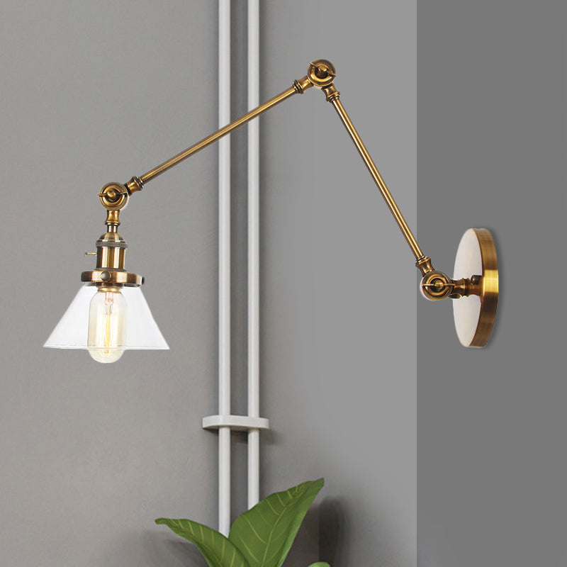 Industrial Conical Clear/Amber Glass Wall Lamp Sconce - Adjustable Arm Black/Bronze/Brass 1 Light 8