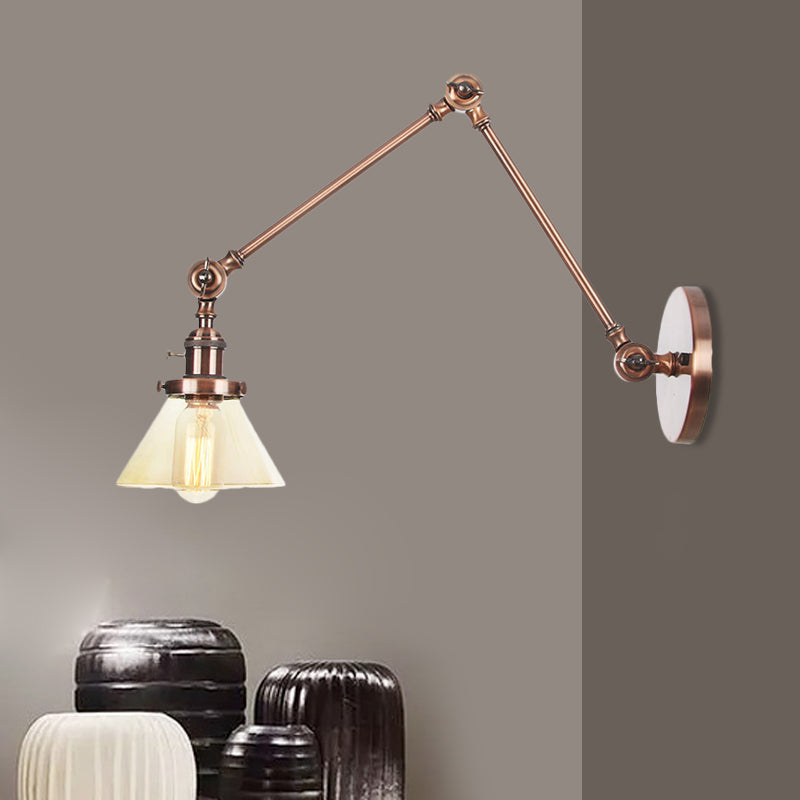 Industrial Conical Clear/Amber Glass Wall Lamp Sconce - Adjustable Arm Black/Bronze/Brass 1 Light 8