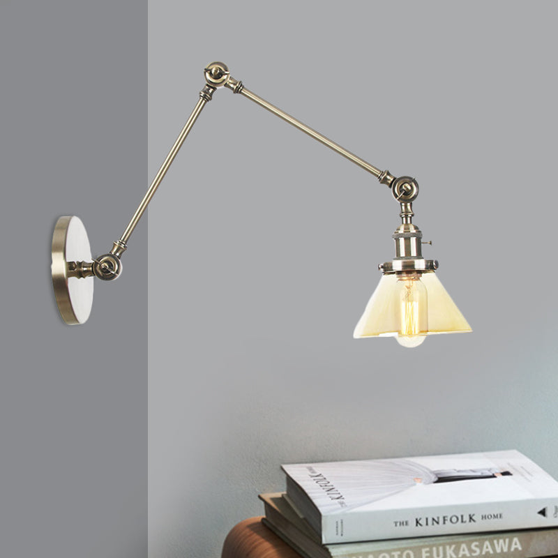 Industrial Conical Clear/Amber Glass Wall Lamp Sconce - Adjustable Arm Black/Bronze/Brass 1 Light 8