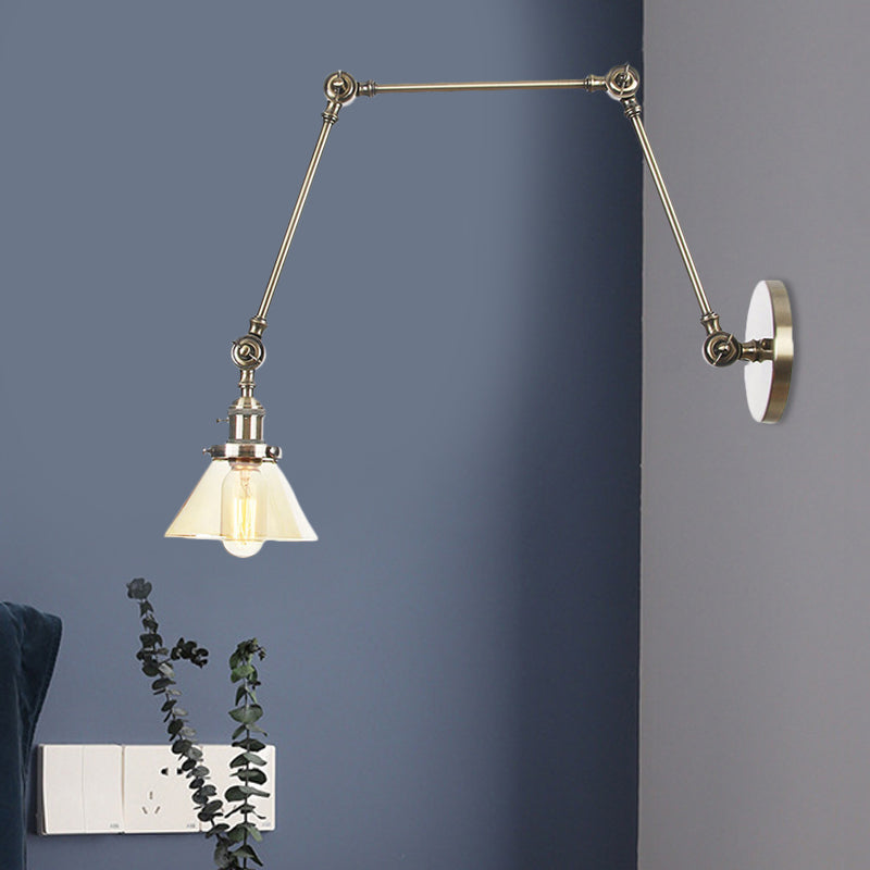 Industrial Conical Clear/Amber Glass Wall Lamp Sconce - Adjustable Arm Black/Bronze/Brass 1 Light 8