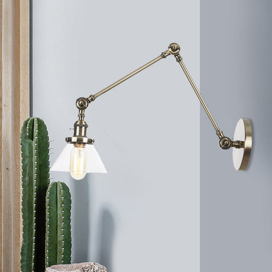 Industrial Conical Clear/Amber Glass Wall Lamp Sconce - Adjustable Arm Black/Bronze/Brass 1 Light 8