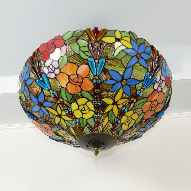 Tiffany Style Rustic Glass Pendant Light With Multi-Colored Flower Pattern For Dining Room Ceiling