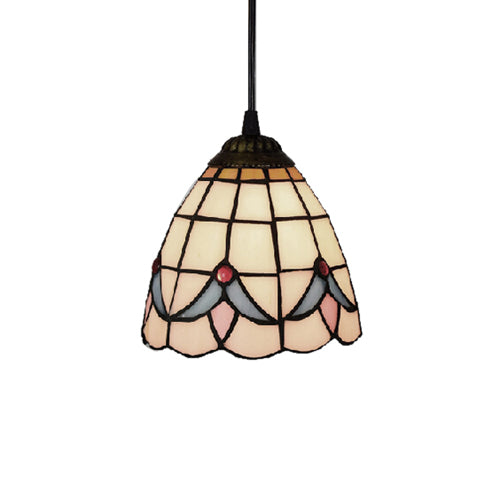 Tiffany-Style Beige Stained Glass Ceiling Lamp: 1-Head Pendant Light Kit (6’/8’ Wide Flare)