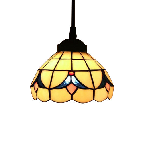 Tiffany-Style Beige Stained Glass Ceiling Lamp: 1-Head Pendant Light Kit (6’/8’ Wide Flare)