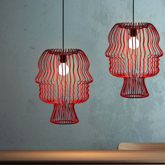 Modern 1-Head Red Metallic Pendant Light With Suspended Arc Cage - Ceiling Fixture