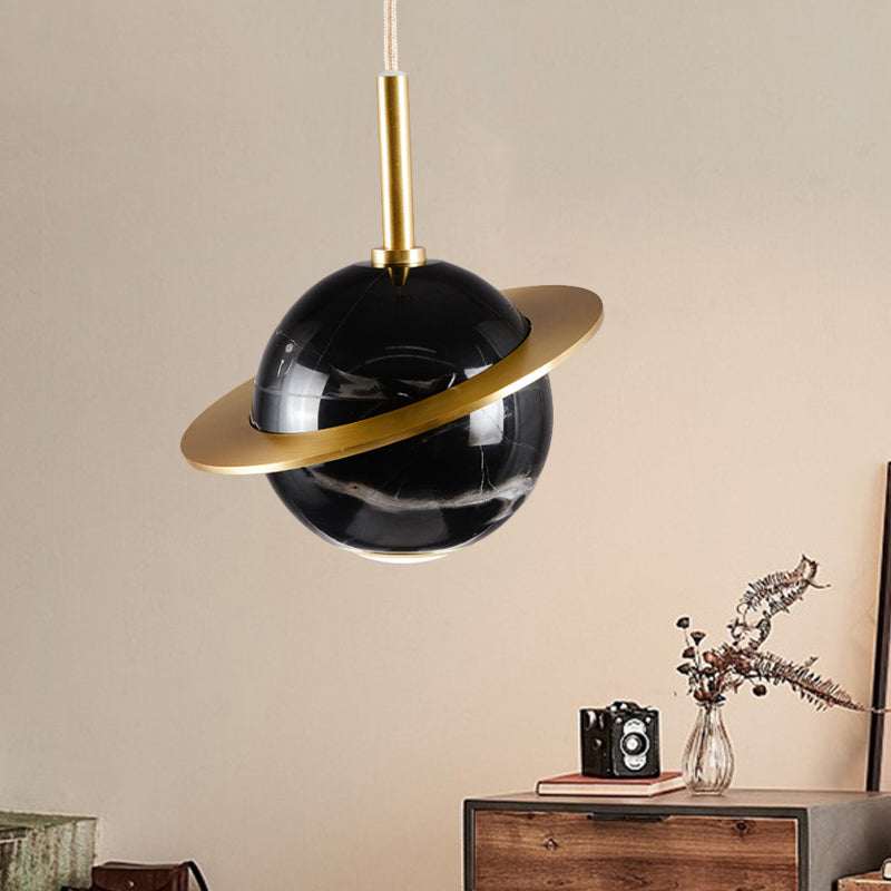 Modern Led Marble Sphere Ceiling Pendant Lamp With Trapped Ring - White/Black/Green Finish Black