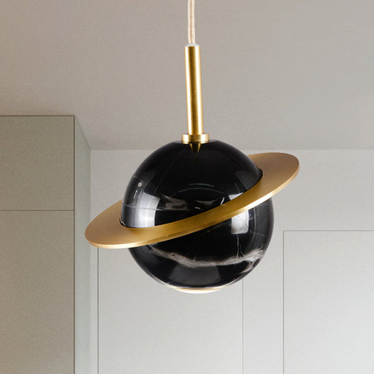 Modern Led Marble Sphere Ceiling Pendant Lamp With Trapped Ring - White/Black/Green Finish