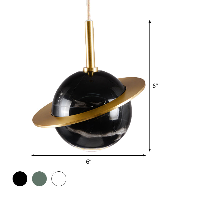 Modern Marble Sphere Ceiling Light: White/Black/Green Led Pendant Lamp With Trapped Ring