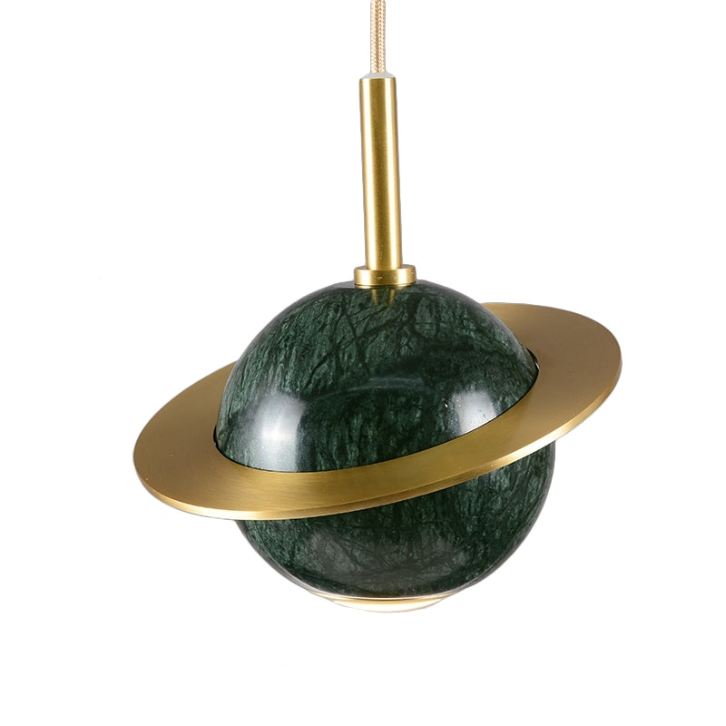 Modern Marble Sphere Ceiling Light: White/Black/Green Led Pendant Lamp With Trapped Ring